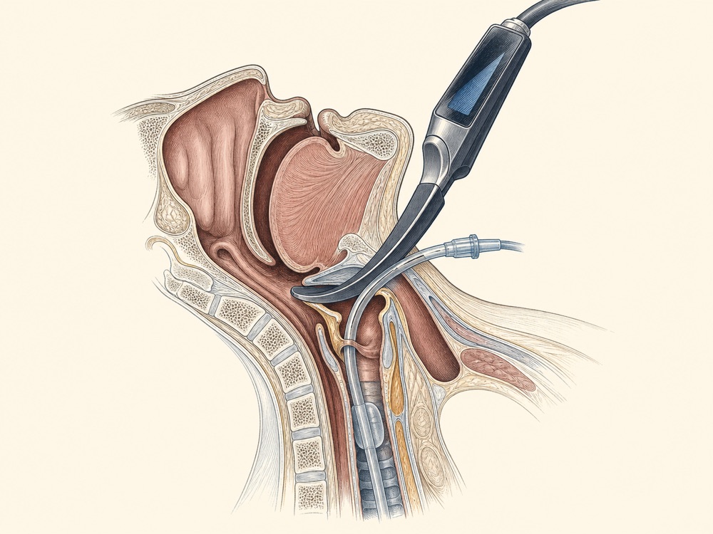 Journal-style illustration of video laryngoscopy and endotracheal intubation