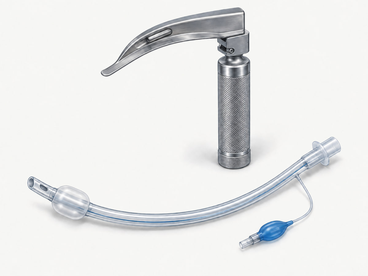 Illustration of a Macintosh laryngoscope beside a cuffed endotracheal tube with pilot balloon.