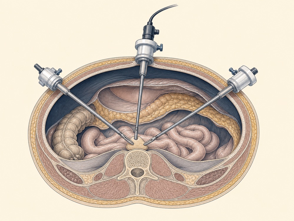 Journal-style illustration of laparoscopic port placement and instrument triangulation
