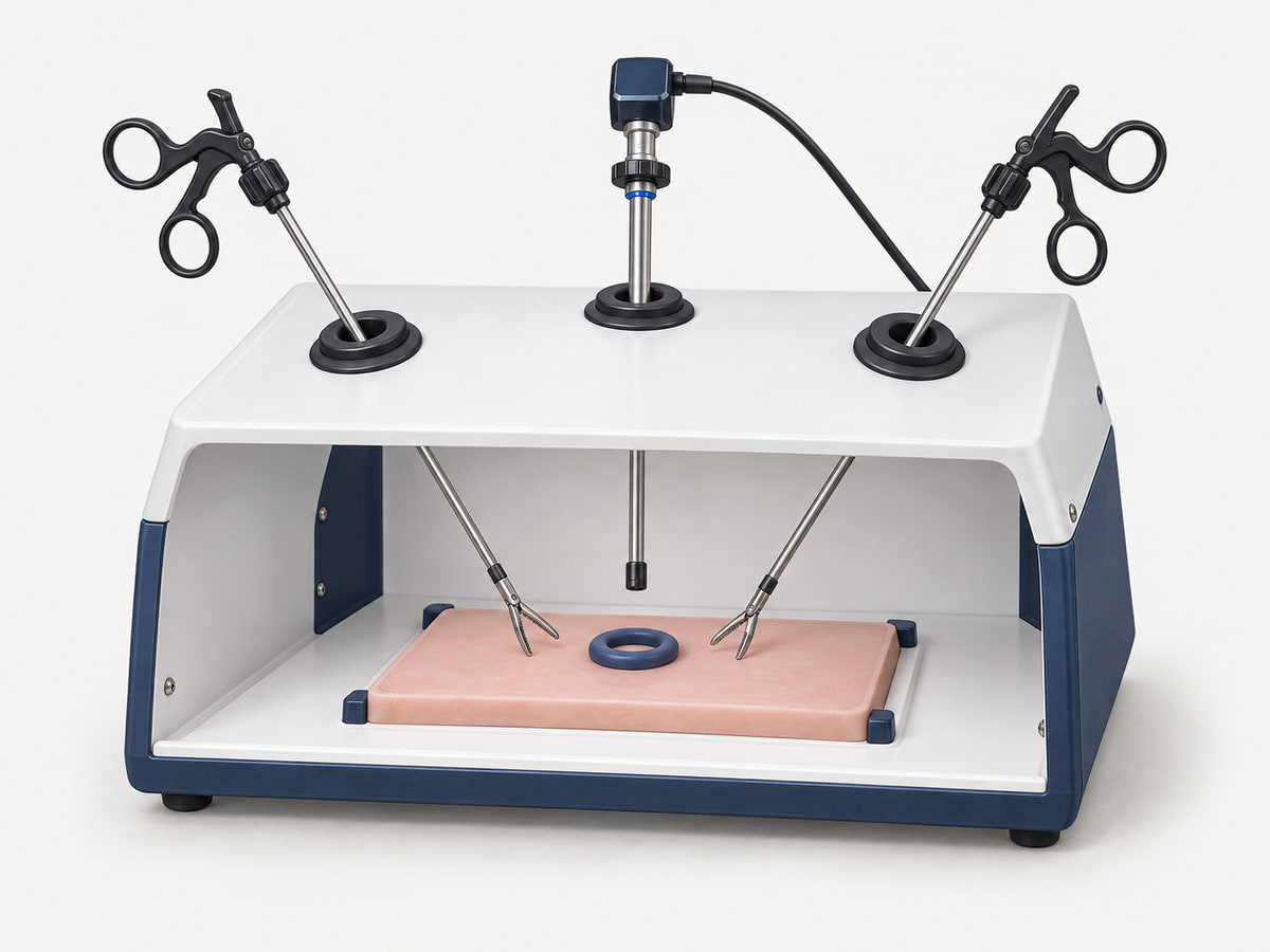 Illustration of a laparoscopic box trainer with two graspers and a separate camera aimed at a practice pad.