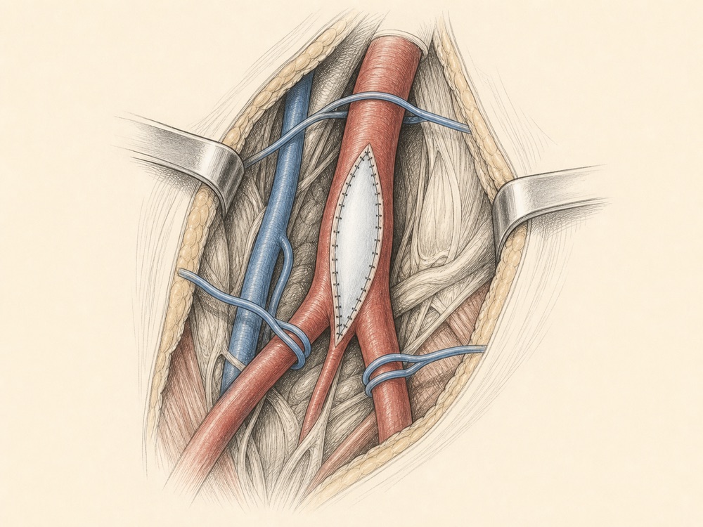 Journal-style illustration of open femoral artery exposure and patch angioplasty technique