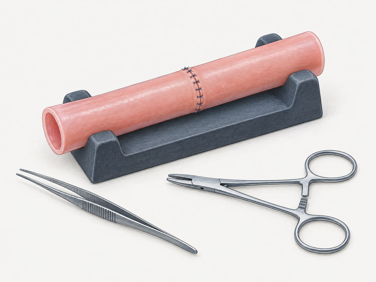 Illustration of a silicone vessel anastomosis trainer with sutures, forceps and a needle holder.