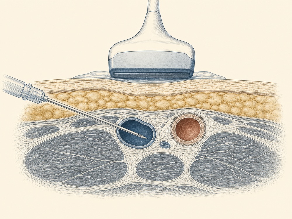 Journal-style illustration of in-plane ultrasound-guided vascular access