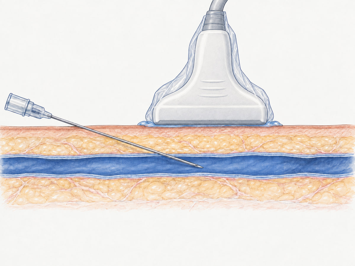 Longitudinal illustration of a covered linear ultrasound probe and a needle tip inside a superficial vein.