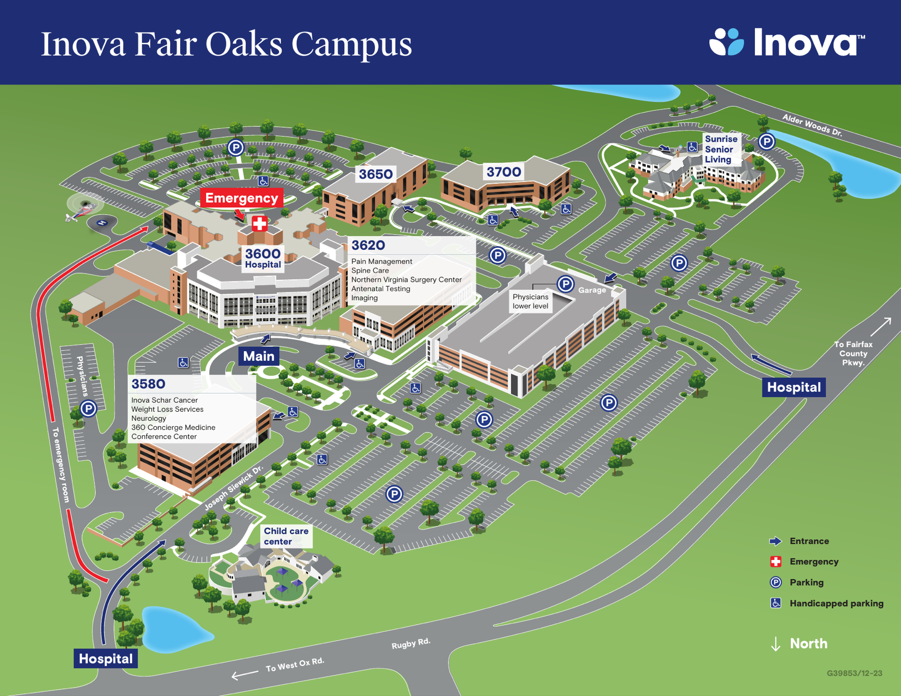 Official Inova Fair Oaks campus map showing the 3650 Professional Building, hospital, parking, roads, and entrances
